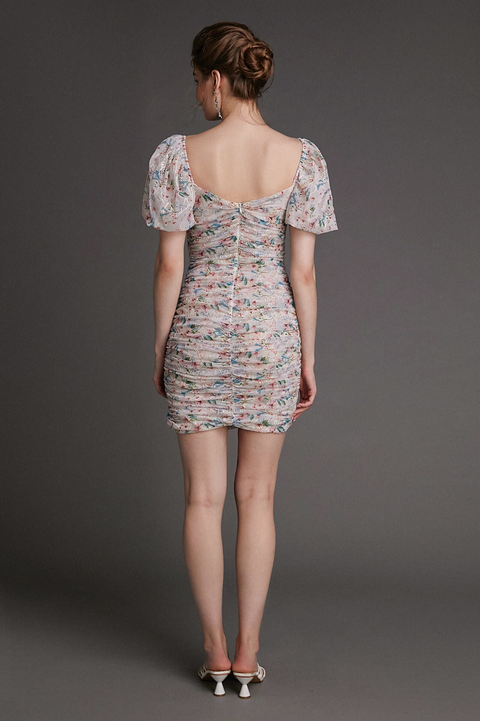 - Multicolor Floral Print Rhinestone-Embellished Ruched Mesh Mini Dress