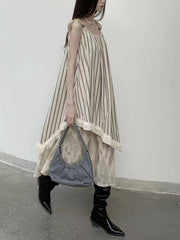 2024 New Fashion Elegant French Retro Striped Splicing Irregular Sling Dress
