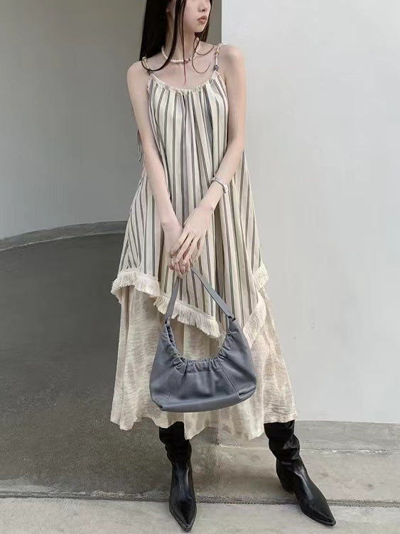 2024 New Fashion Elegant French Retro Striped Splicing Irregular Sling Dress