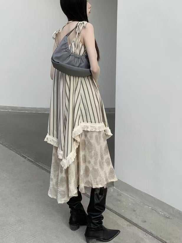 2024 New Fashion Elegant French Retro Striped Splicing Irregular Sling Dress