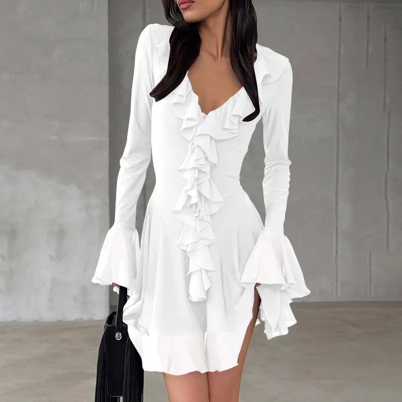 Sexy V-Neck Ruffle Mini Dress Women's Elegant Ruffle Sleeve Patchwork Pleated Short Dress High Waist Pullover Mini Dress