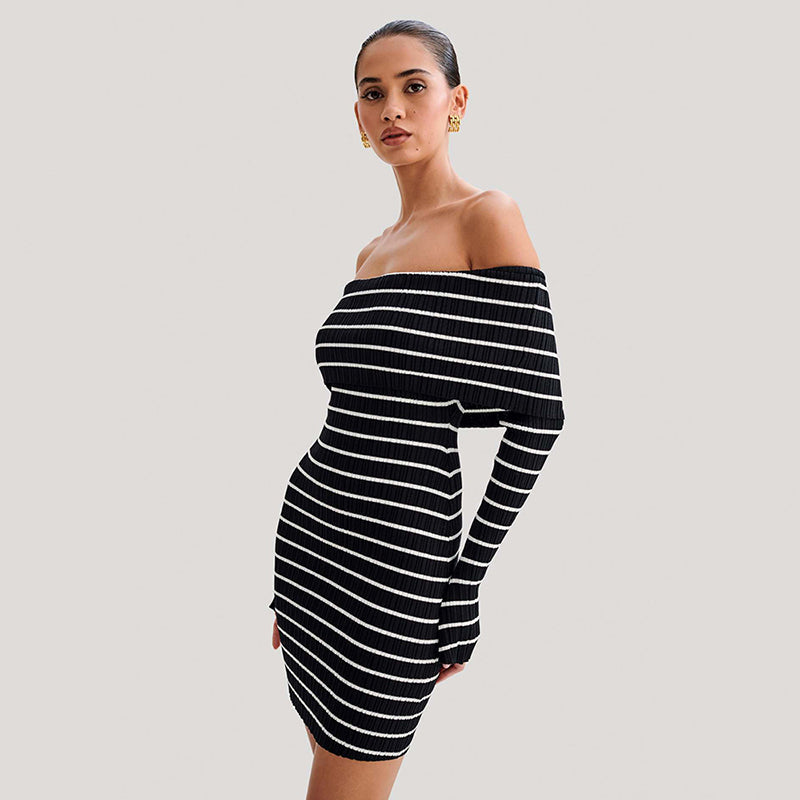 Beach Vacation Strapless Striped Long Sleeve Knitwear Dresses One-Shoulder Female Slim Fit Casual Short Dresses Summer