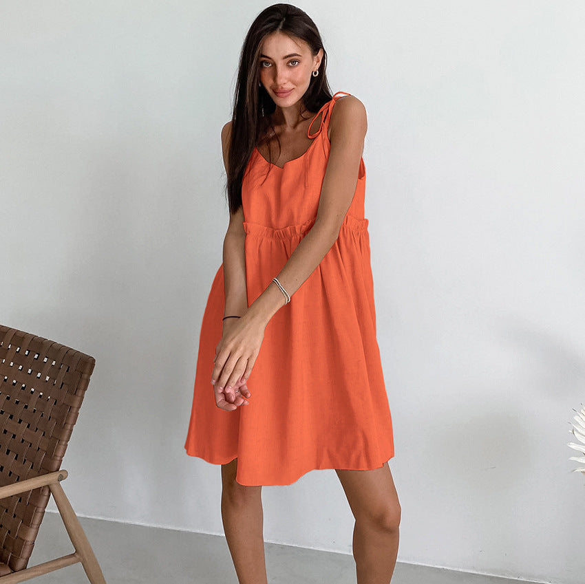 Fashion Vacation Loose Cotton Linen Slip Dress For Women Lace Up Splice Hot Girl Sexy Dress Party Spaghetti Strap Dress