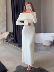 Fashion Knit Long Dress Off-Shoulder Female Ribbed Loose High Waist Elegant Autumn Party Dress Ladies Knitwear Maxi DressChristmas Gifts