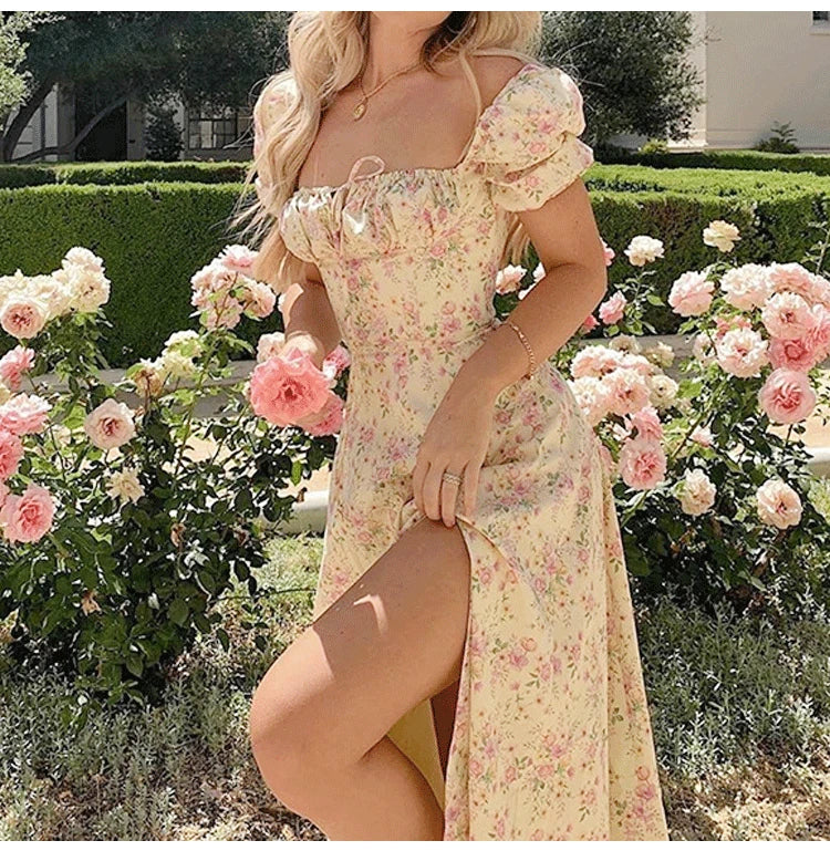 Women Floral Print Long Dress Summer Chic Short Sleeve Square Collar Split A Line Party Sundress Ladies Holiday Beach Vestidos