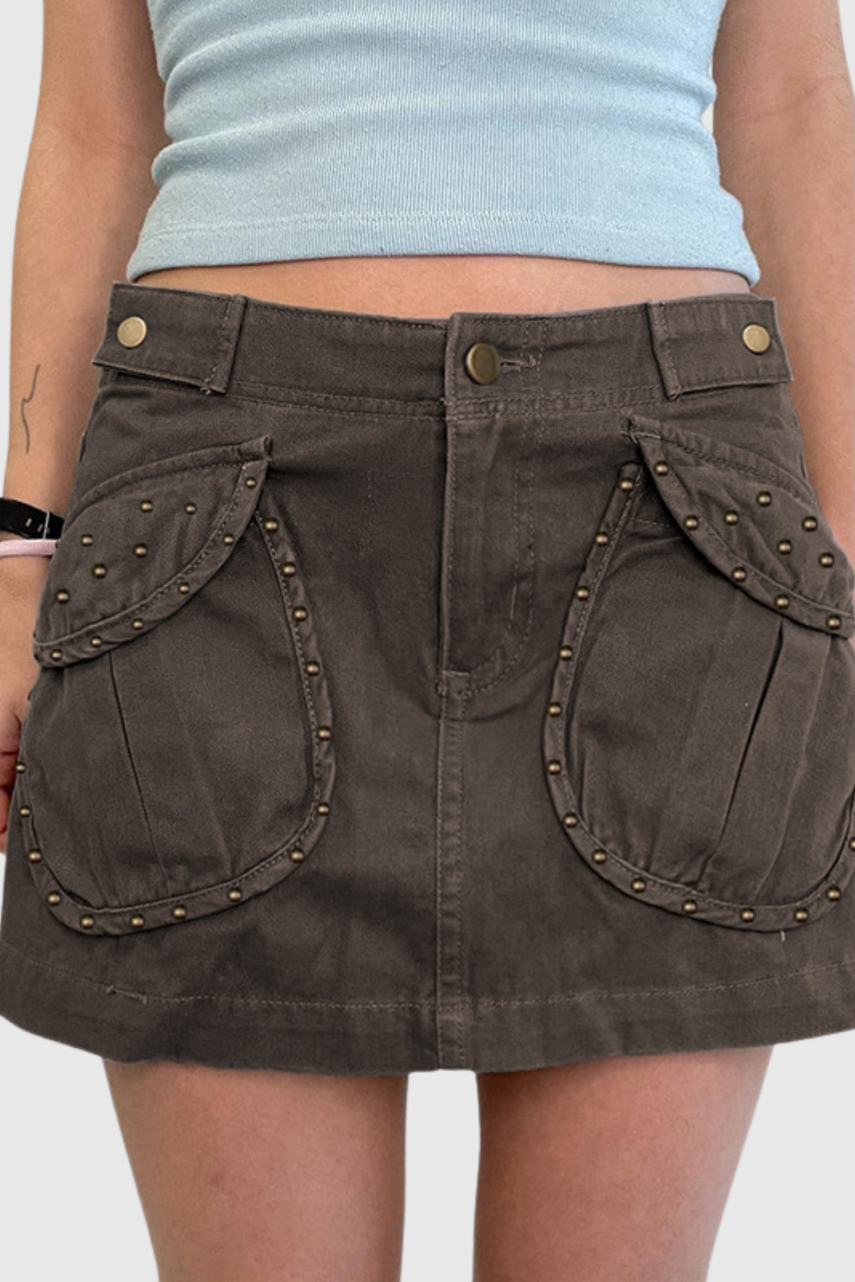 Adil Studded Pocket Short Denim Skirt