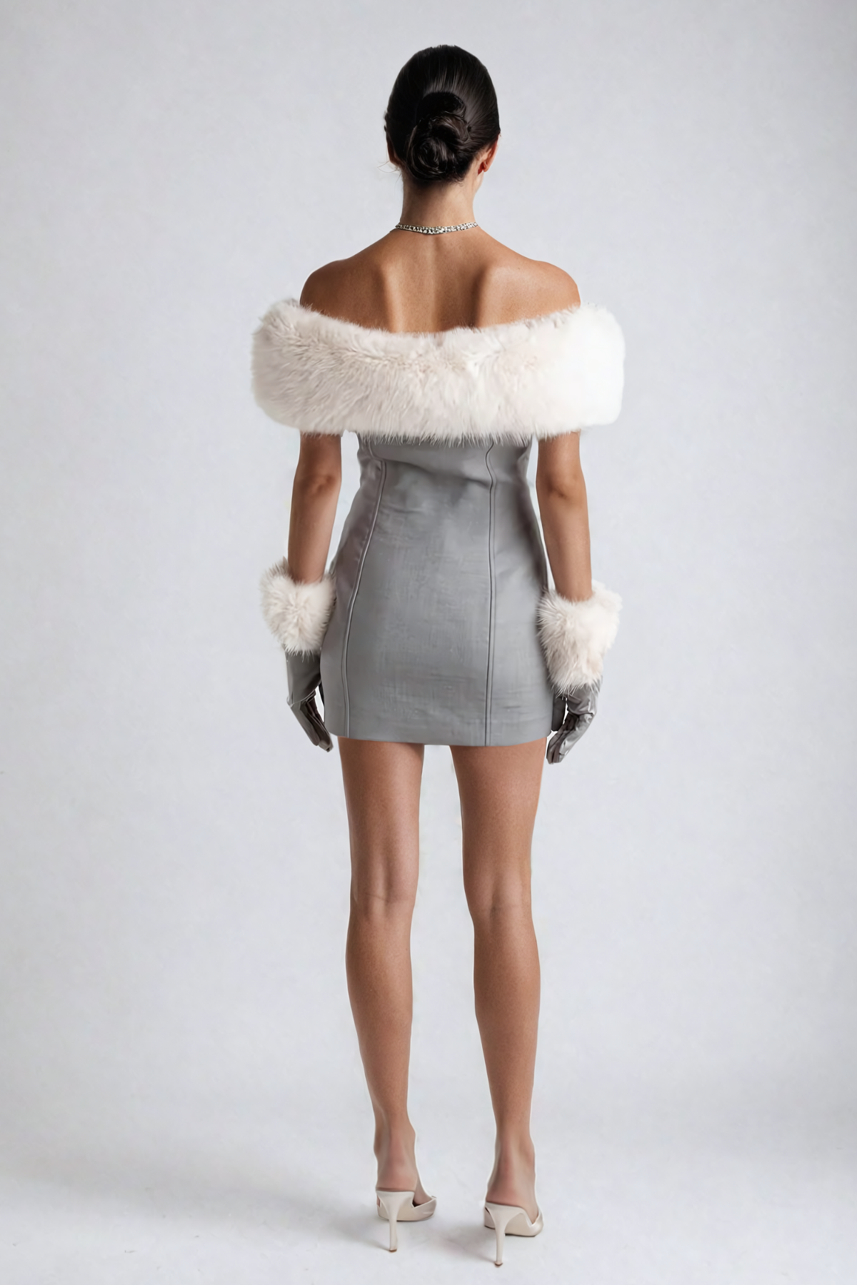 Akela Faux Fur Strapless Button Mini Dress