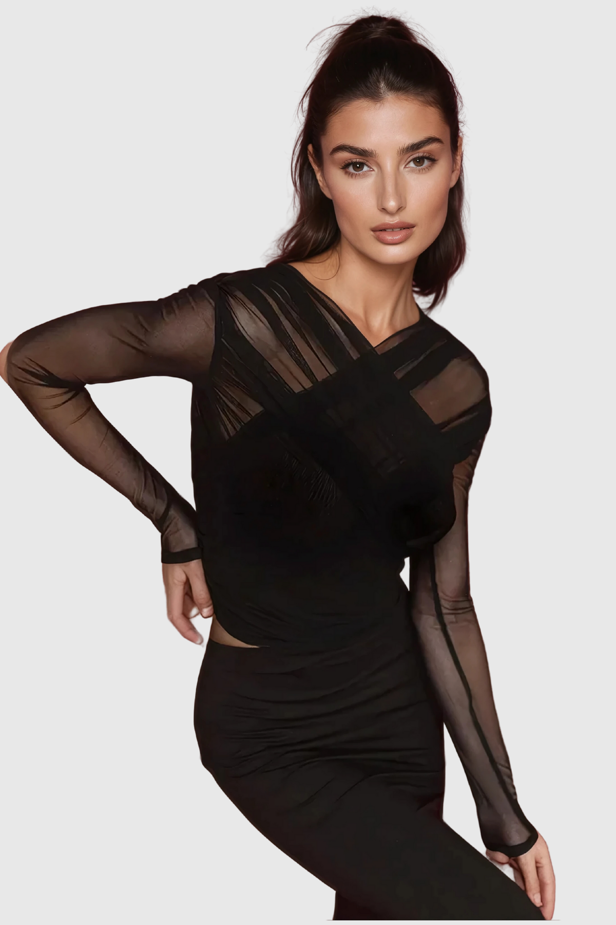 Alusia Cross Mesh Bodycon Top In Black