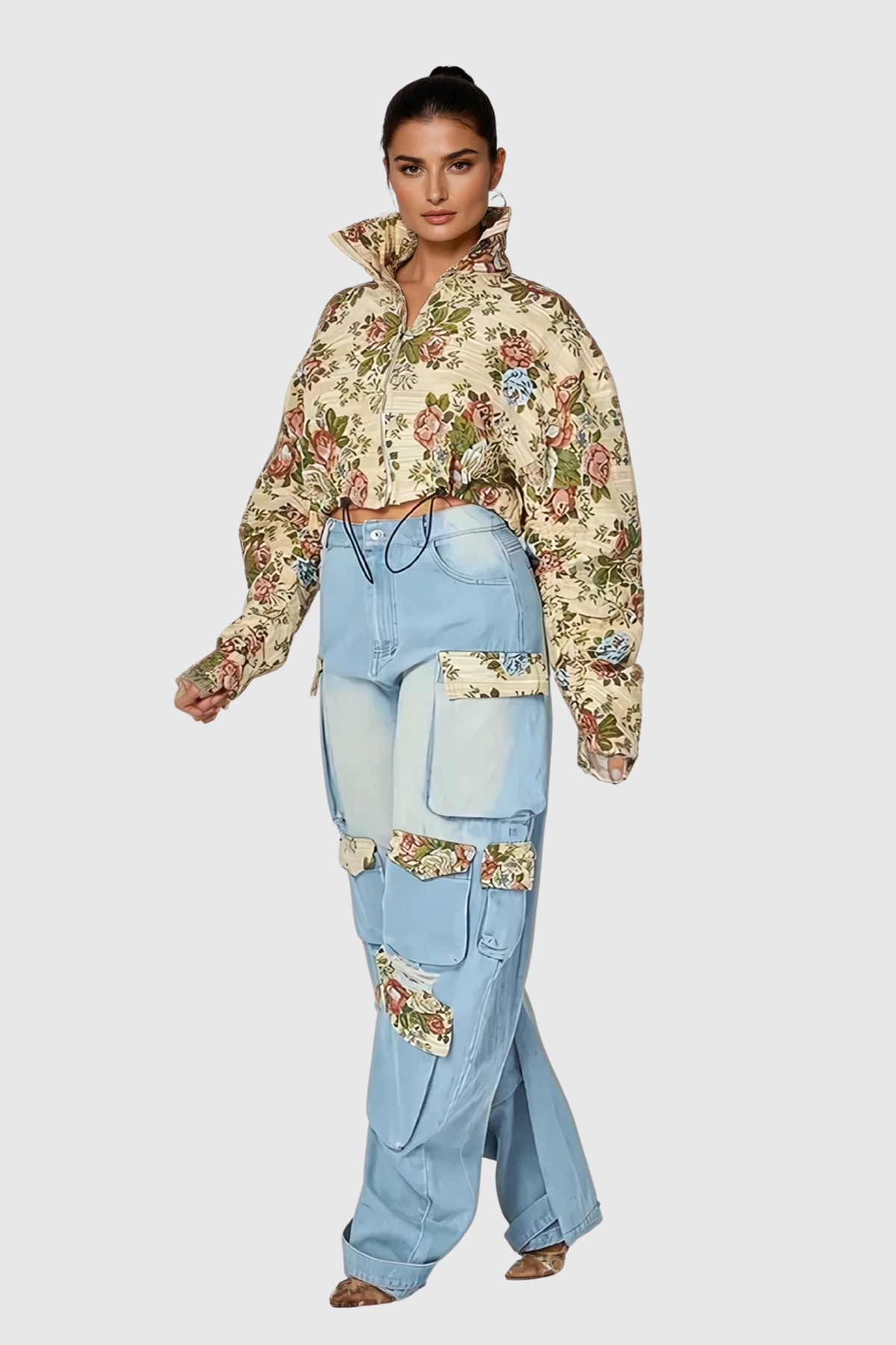 Alyra Floral Drawstring Denim Pants Set