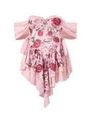 Patchwork Ruffle Bardot Floral Mini Dress