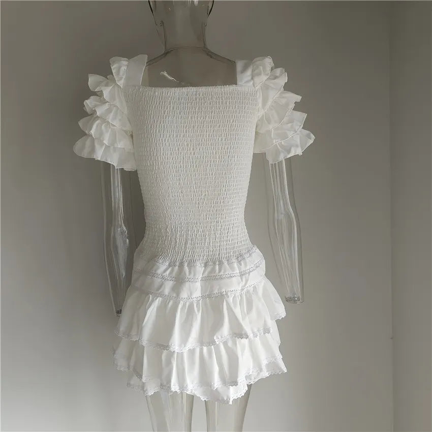 High Quality 2023 Ruffle White Women Mini Dress Beach Holiday Girl Dress