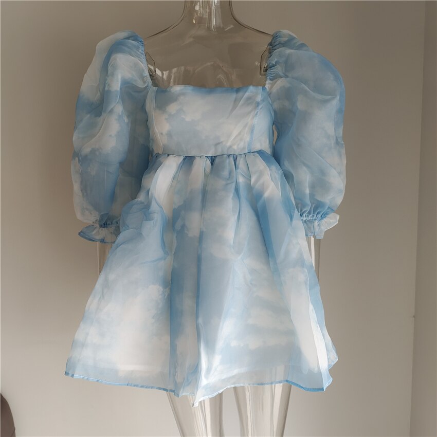 2023 Summer Nlue Puff Tulle Dress Tie Dye Summer Dress Vintage Square Neck Mini Woman Dress Holiday Dress