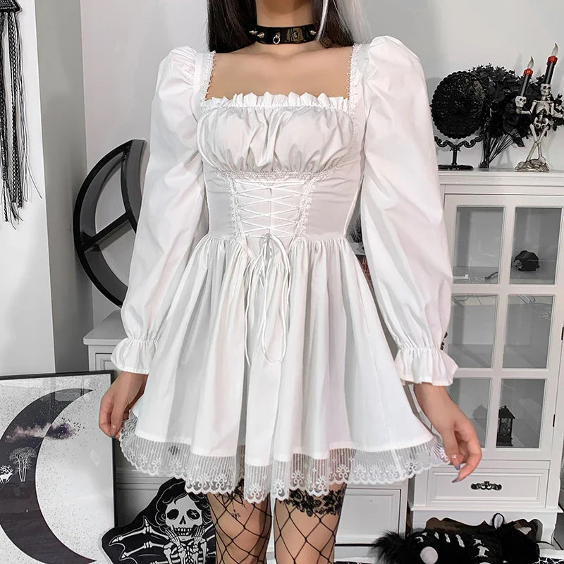 Gothic Lolita Style Mini A-line Dress for Women High Waist Bandage Corset Party Vestido Retro Lace Trim Punk Harajuku Grunge Clo