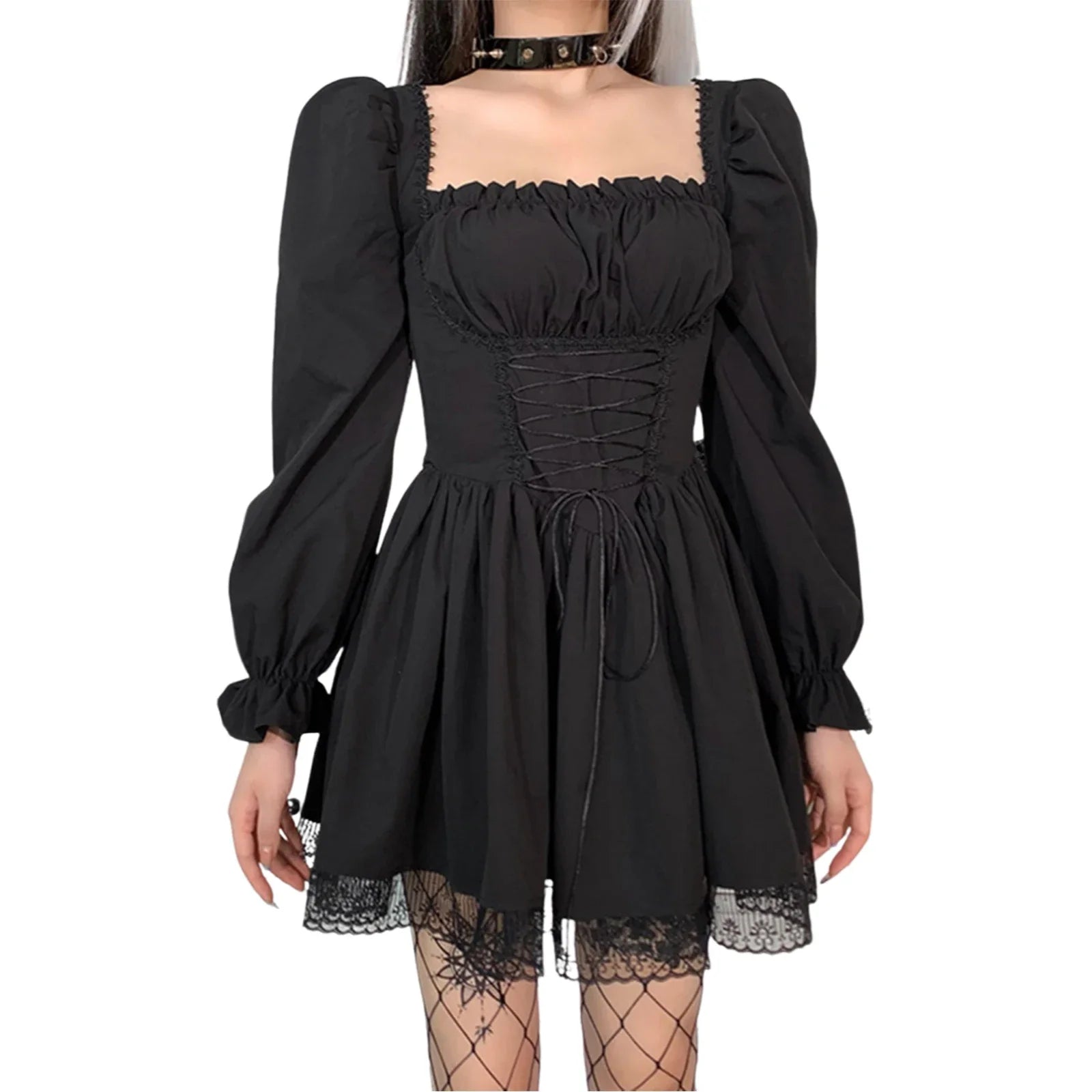 Gothic Lolita Style Mini A-line Dress for Women High Waist Bandage Corset Party Vestido Retro Lace Trim Punk Harajuku Grunge Clo