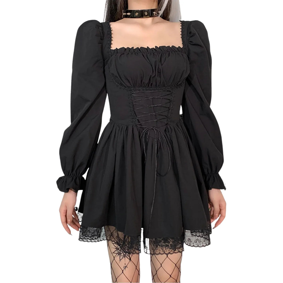 Gothic Lolita Style Mini A-line Dress for Women High Waist Bandage Corset Party Vestido Retro Lace Trim Punk Harajuku Grunge Clo