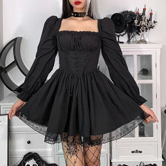 Gothic Lolita Style Mini A-line Dress for Women High Waist Bandage Corset Party Vestido Retro Lace Trim Punk Harajuku Grunge Clo
