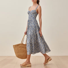 Summer Dress Beach Sweetheart Neck Tiered Seam Vintage Floral Dress Women Sleeveless Strap Sexy Midi Dress