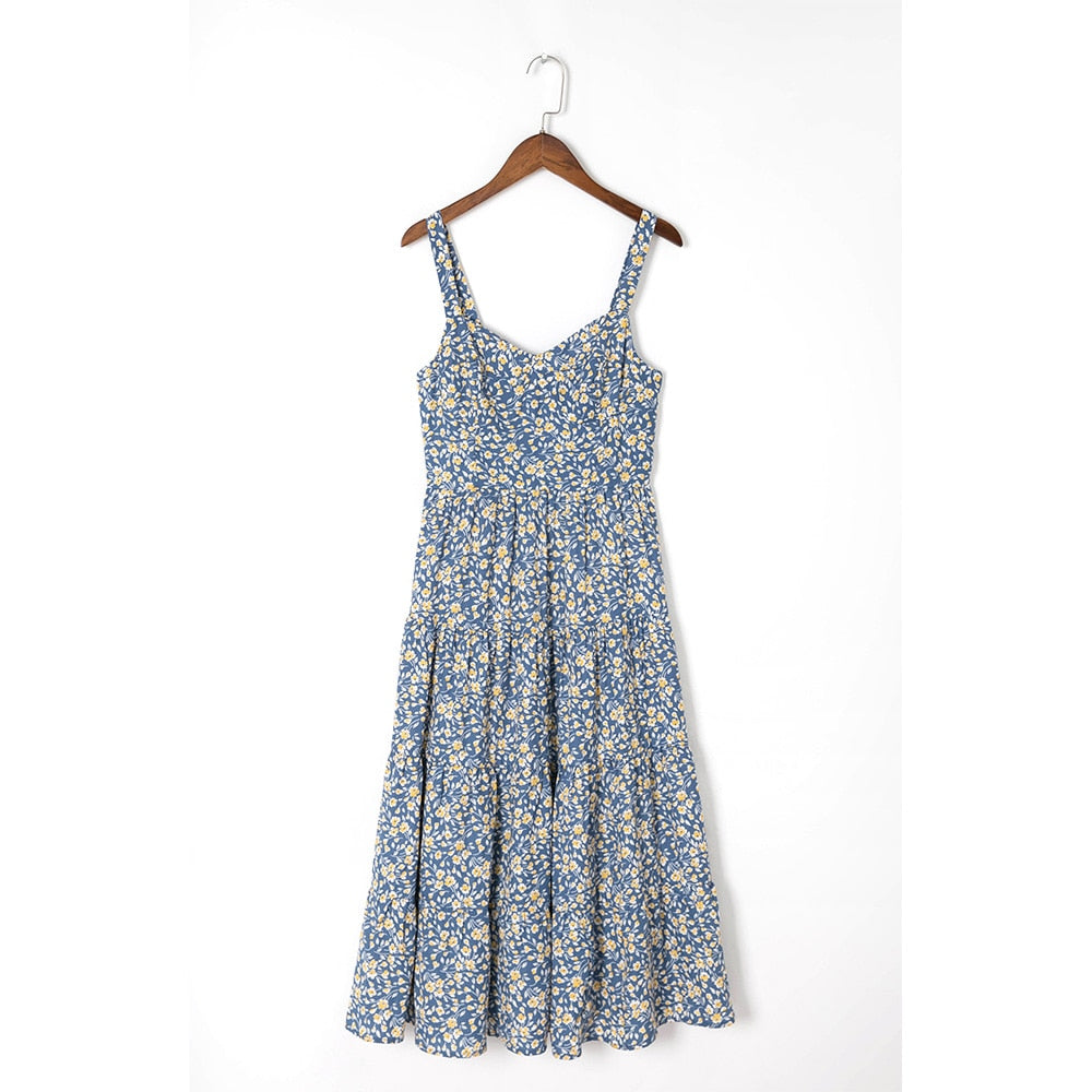 Summer Dress Beach Sweetheart Neck Tiered Seam Vintage Floral Dress Women Sleeveless Strap Sexy Midi Dress