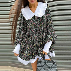 Sweet Peter Pan Collar Flower Printing Dress Autumn Cute Lantern Sleeve Loose Casual Mini Dresses For Women