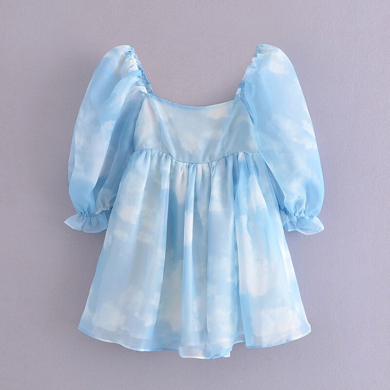 2023 Summer Nlue Puff Tulle Dress Tie Dye Summer Dress Vintage Square Neck Mini Woman Dress Holiday Dress