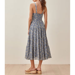Summer Dress Beach Sweetheart Neck Tiered Seam Vintage Floral Dress Women Sleeveless Strap Sexy Midi Dress