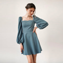 Casual Square Neck Puff Sleeve A-Line Dress Autumn Backless High Waist Elegant Vintage Party Mini Dresses For Women