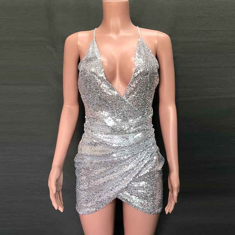 Backless Party Sequin Dress Women Glitter Club Bodycon Mini Dress Summer Spaghetti Strap Christmas Dress Vestidos