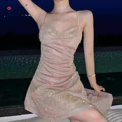 Tight-fitting Dress Designs Sexy Spaghetti Strap Pink Bright Party Chic Dress 2024 Spring Brands Lace Up Evening Vestidos