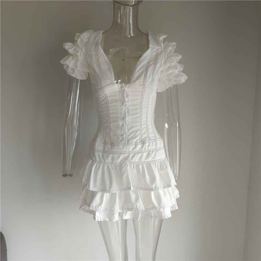 High Quality 2023 Ruffle White Women Mini Dress Beach Holiday Girl Dress