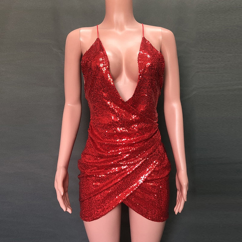 Backless Party Sequin Dress Women Glitter Club Bodycon Mini Dress Summer Spaghetti Strap Christmas Dress Vestidos