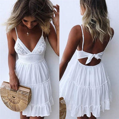 Boho Summer Dress Women Sexy Strappy Lace Bow Backless Mini Dresses Lace Stitching Spaghetti V Neck Ruffle Beach Sundress White