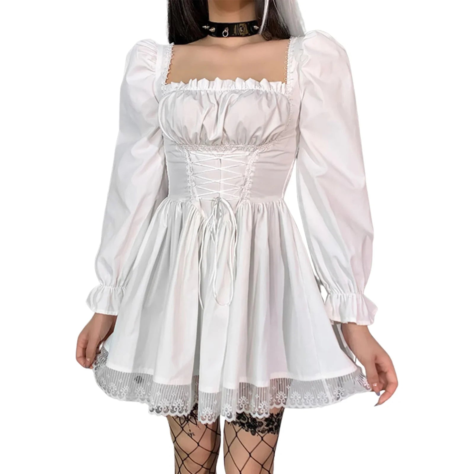 Gothic Lolita Style Mini A-line Dress for Women High Waist Bandage Corset Party Vestido Retro Lace Trim Punk Harajuku Grunge Clo
