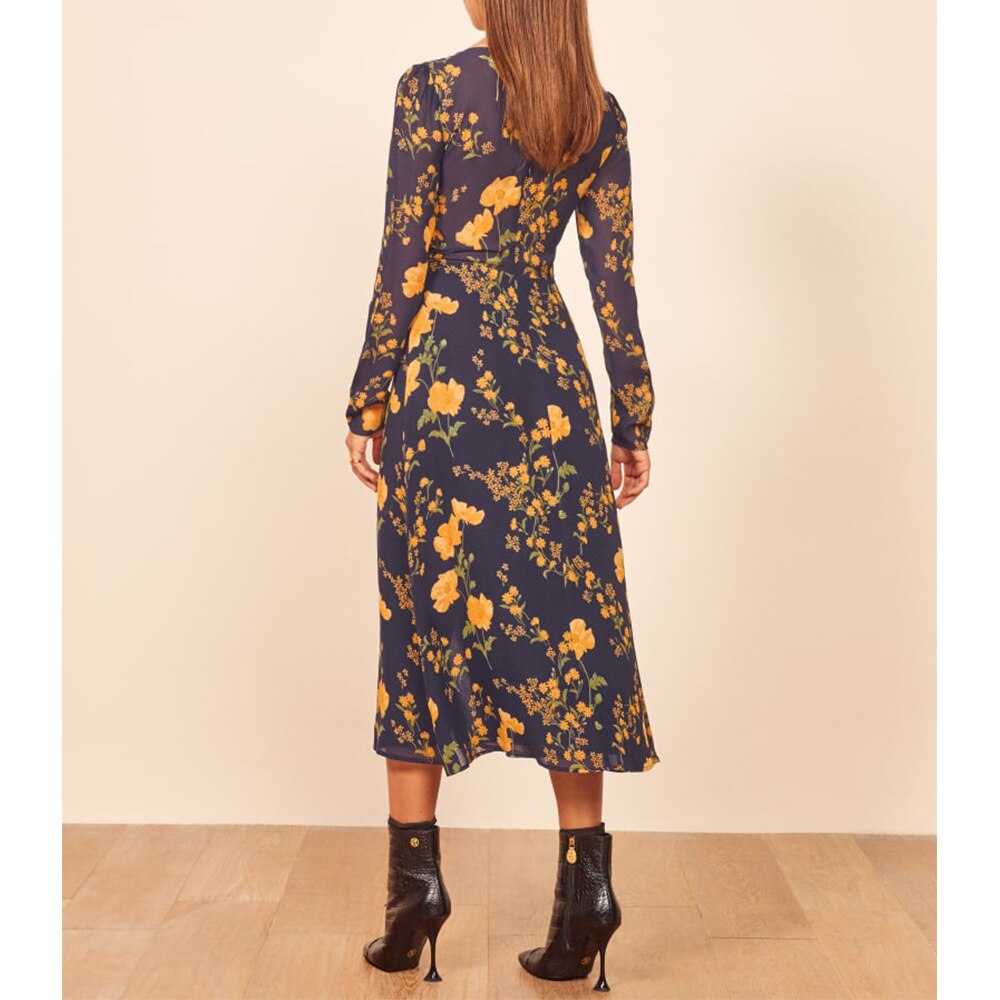 Spring Autumn V Neck Button Long Sleeve Dress Women Fashion Slim Front Slit Chiffon Midi Floral Dress Vintage Clothes