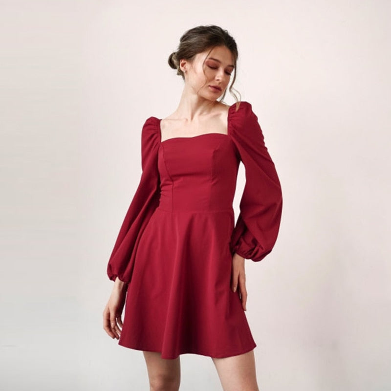 Casual Square Neck Puff Sleeve A-Line Dress Autumn Backless High Waist Elegant Vintage Party Mini Dresses For Women