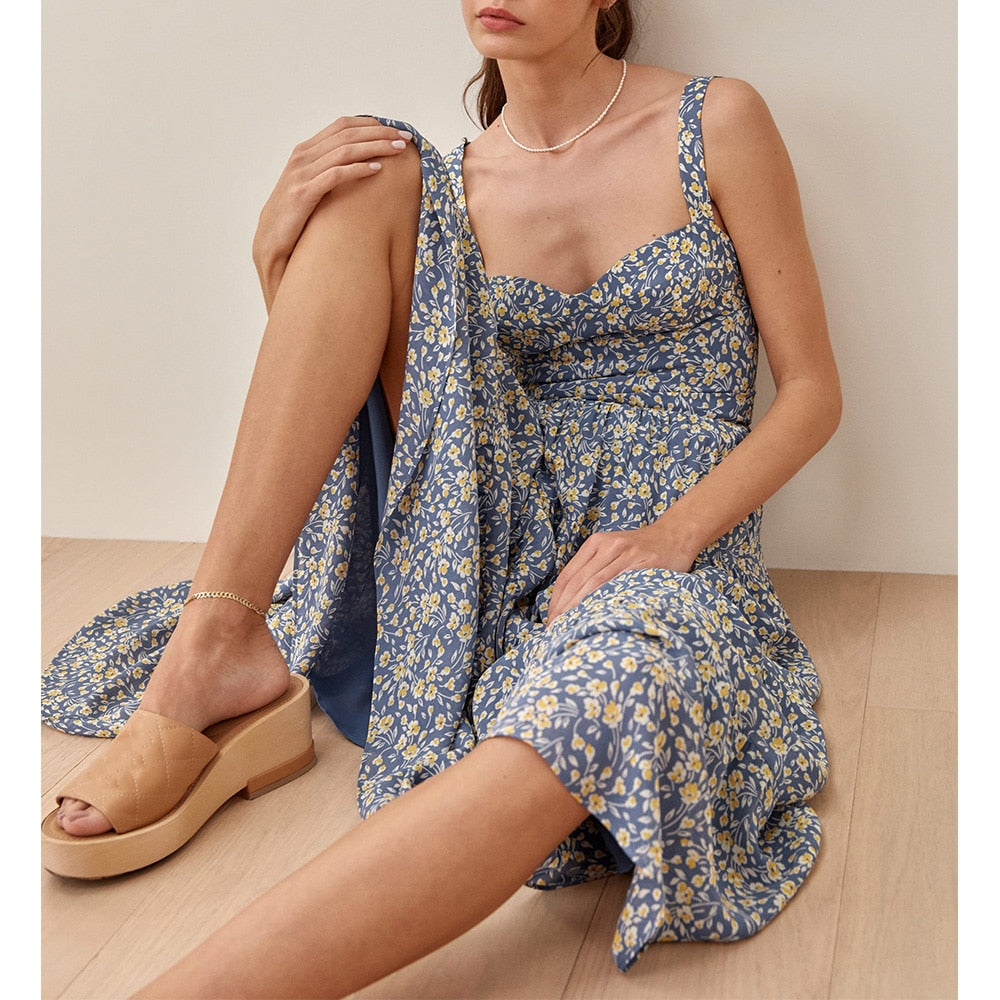 Summer Dress Beach Sweetheart Neck Tiered Seam Vintage Floral Dress Women Sleeveless Strap Sexy Midi Dress