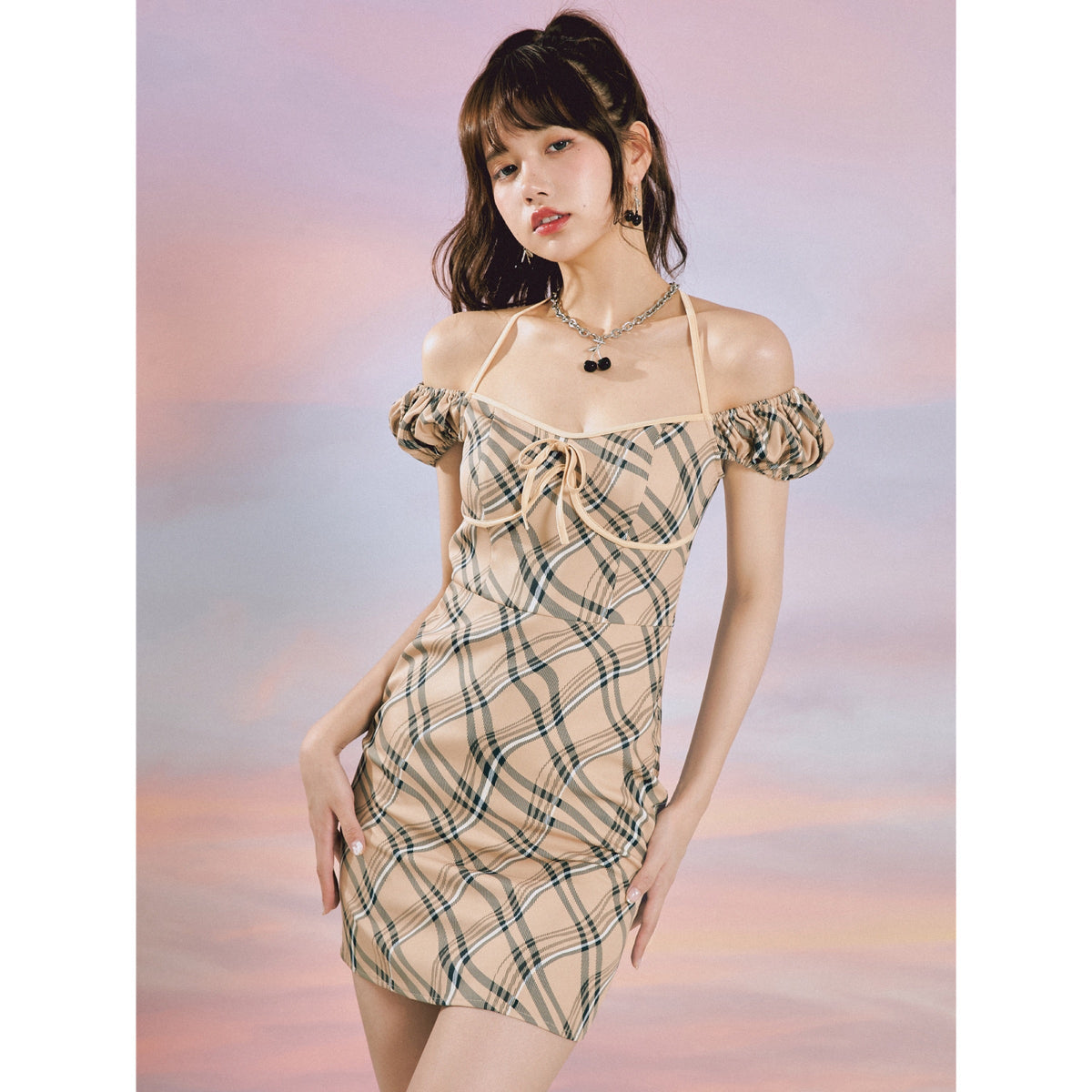 Ifomat Y2K Khaki Plaid Dress