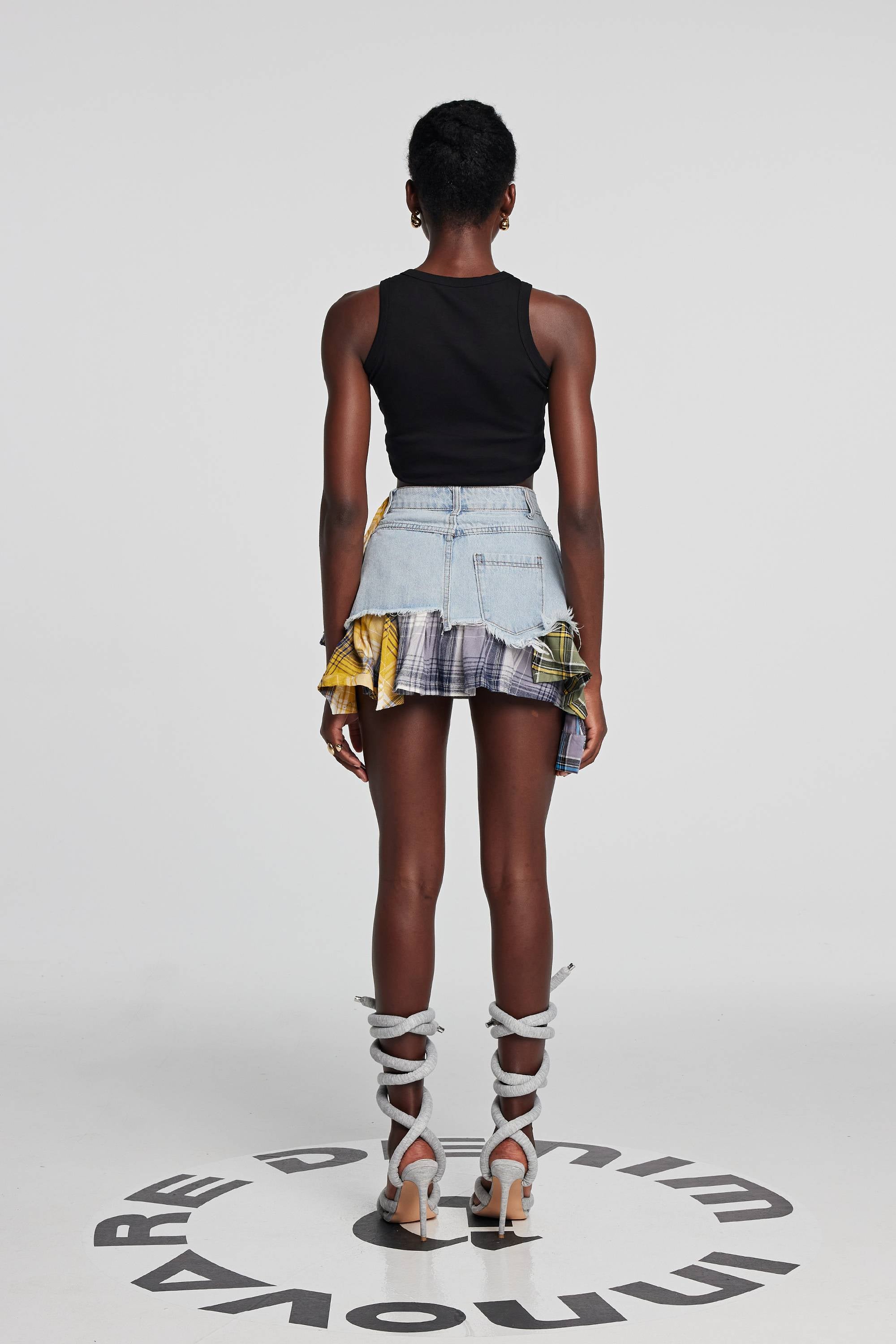 Kenna Grid Deconstruct Patchwork Mini Skirt In Blue