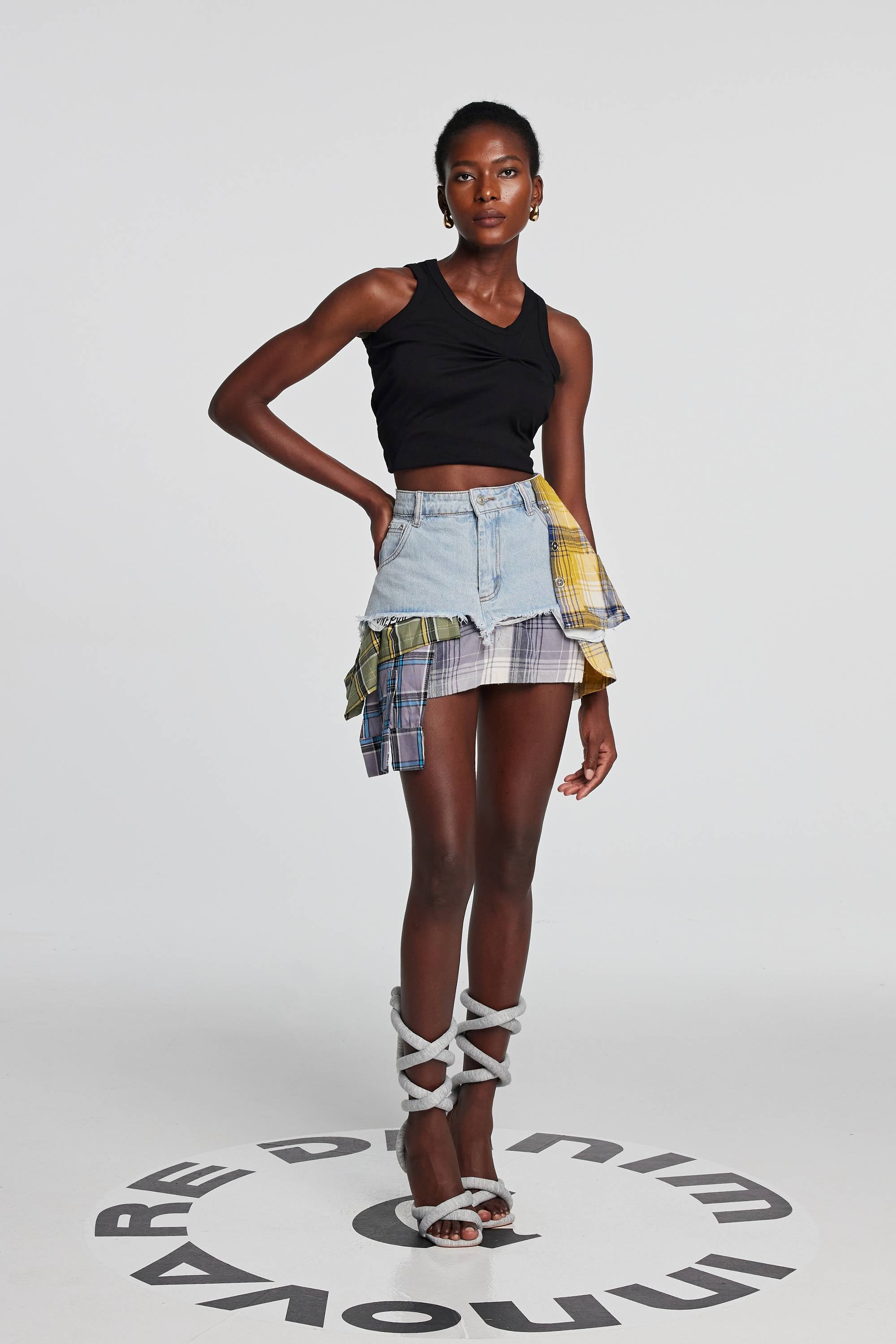 Kenna Grid Deconstruct Patchwork Mini Skirt In Blue