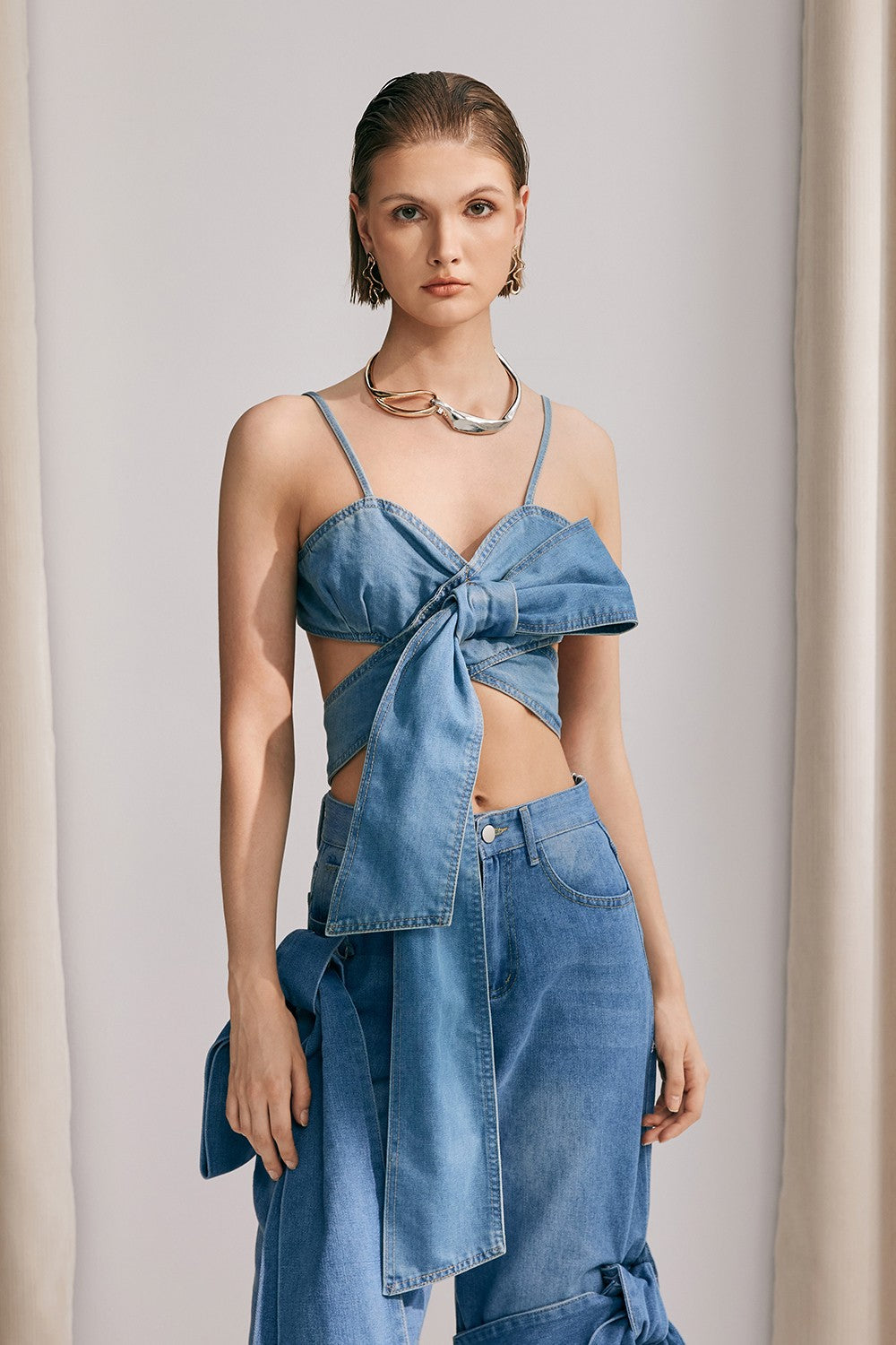 Khalani Bow Lace Up Denim Top