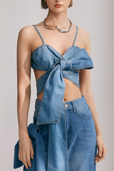 Khalani Bow Lace Up Denim Top