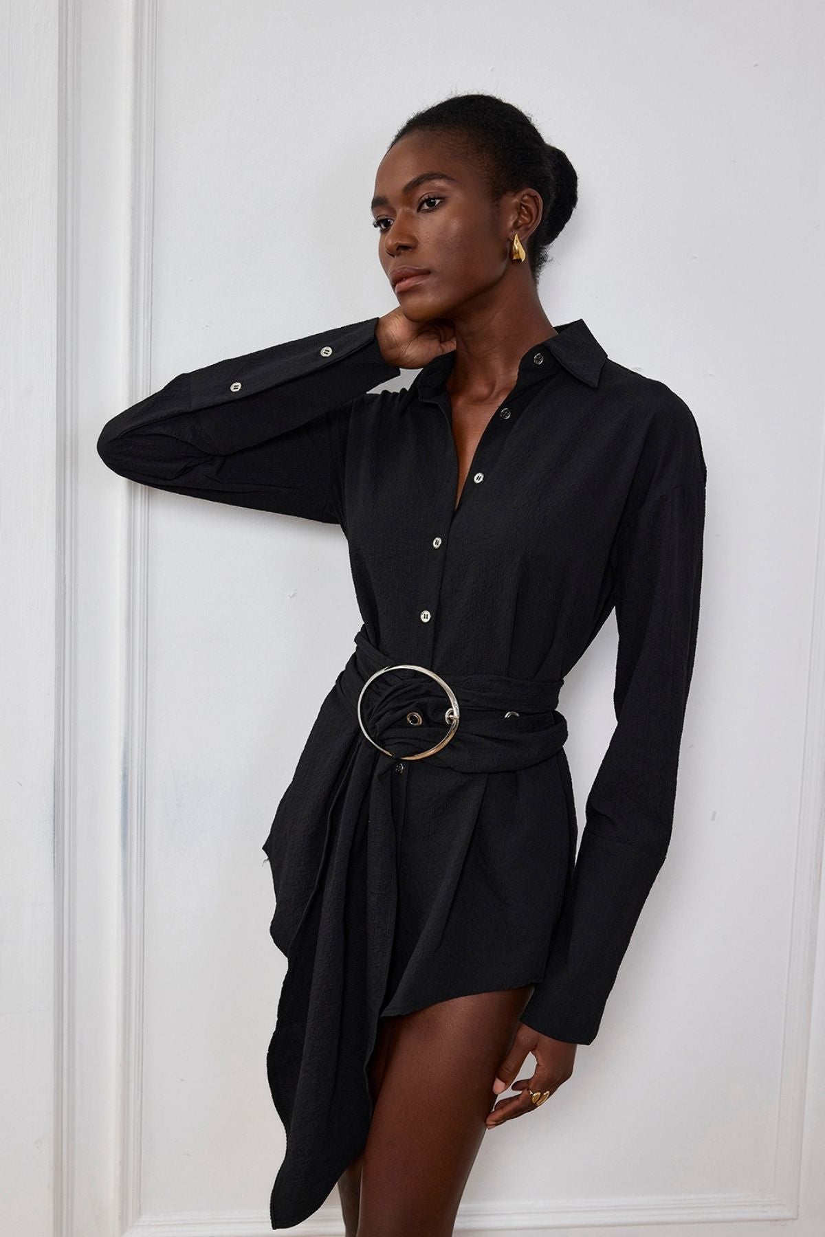 Kimora Buckle Ruch Shirt Mini Dress In Black