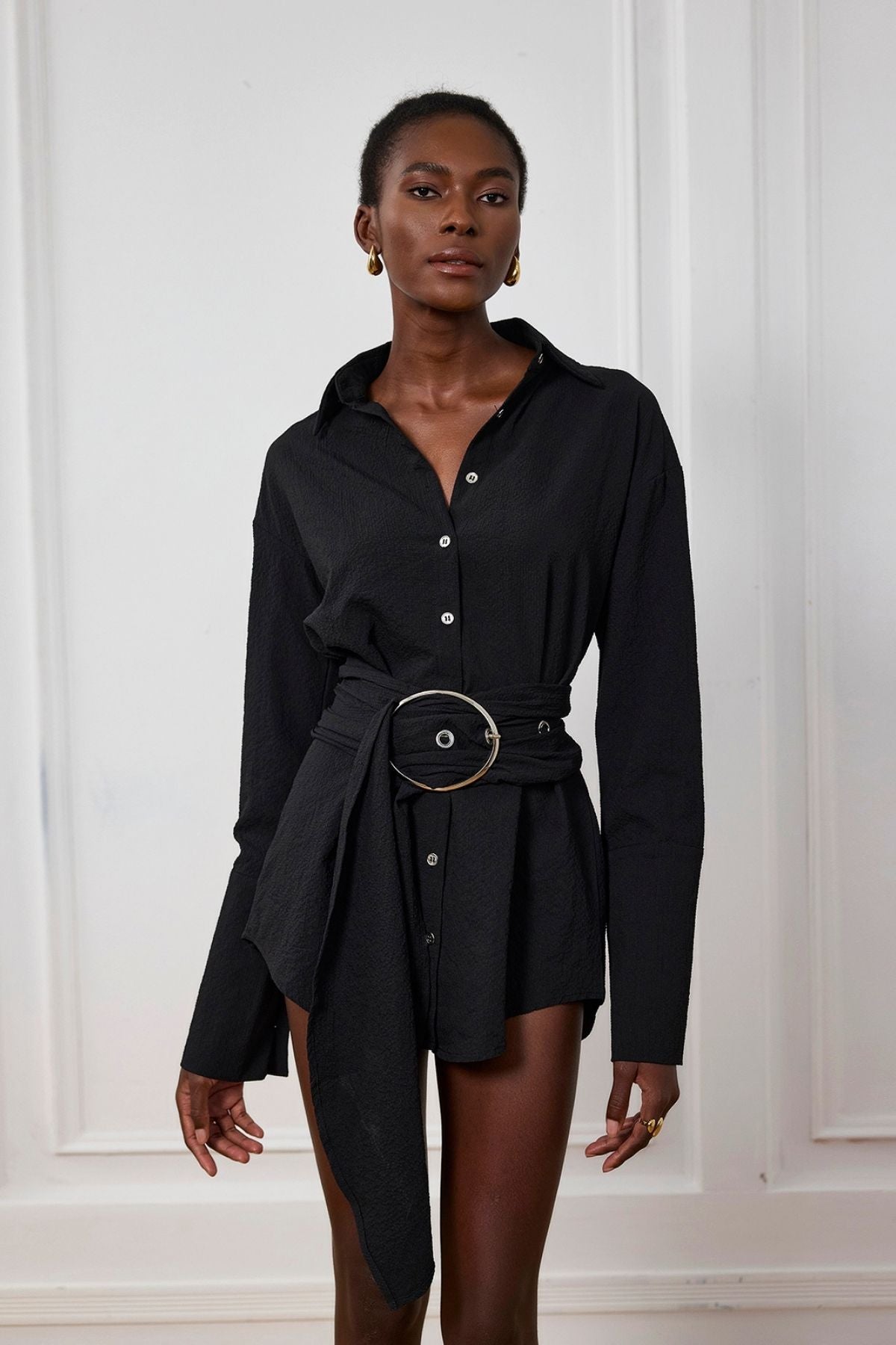 Kimora Buckle Ruch Shirt Mini Dress In Black