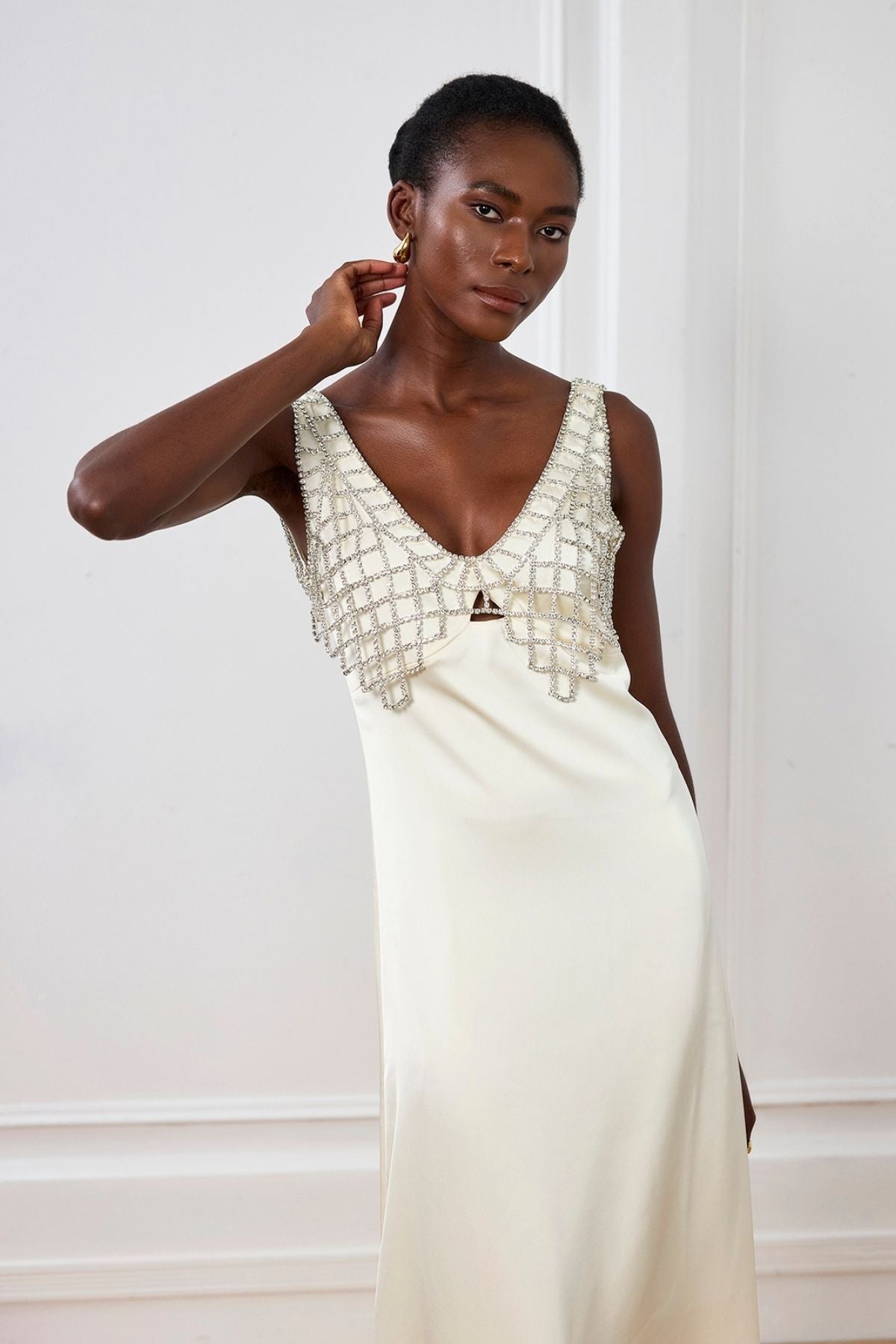 Ledini V Neck Crystal Maxi Dress In White