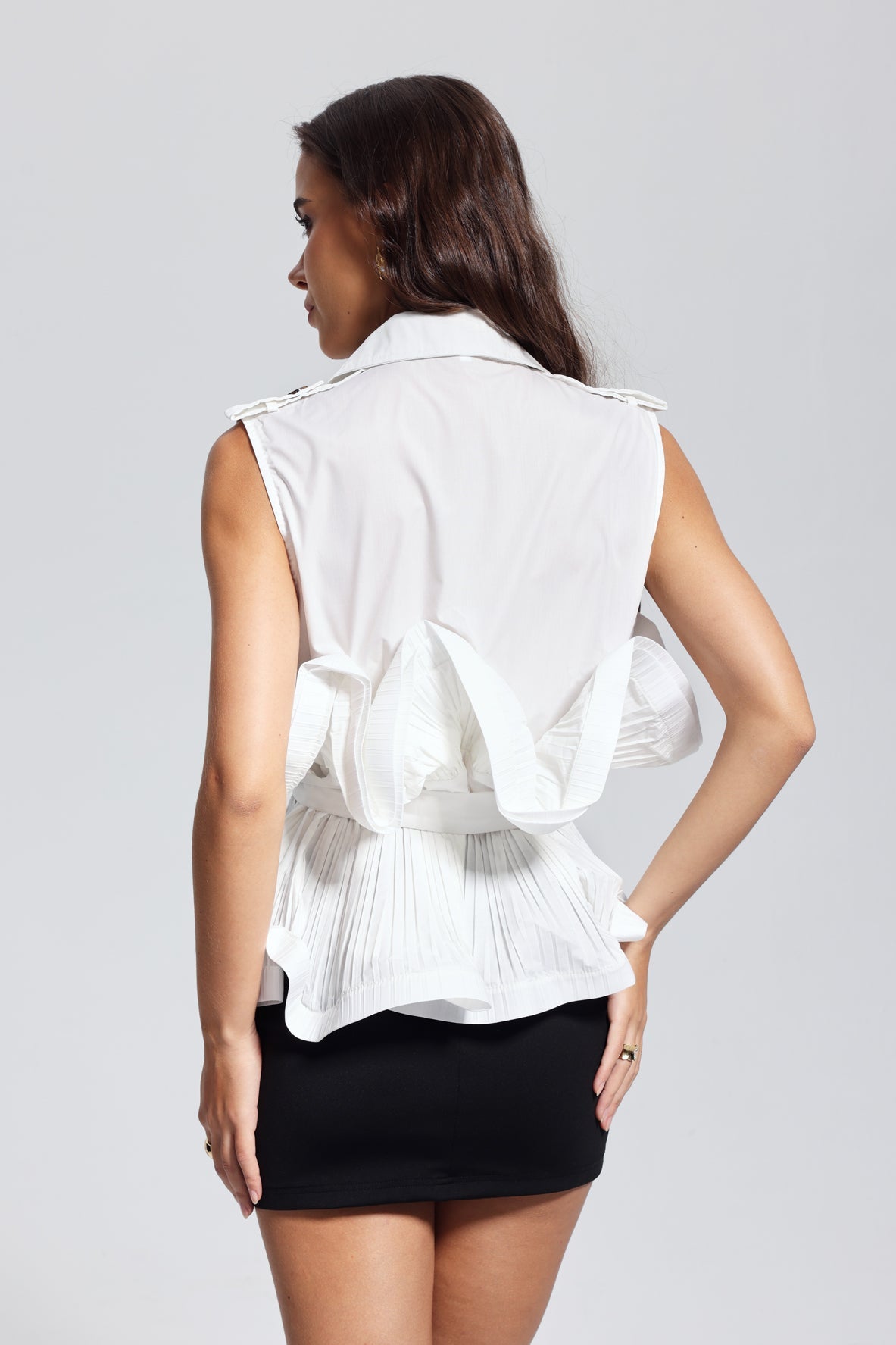 Lilia Ruffle Ruch Lace Up Vest In White