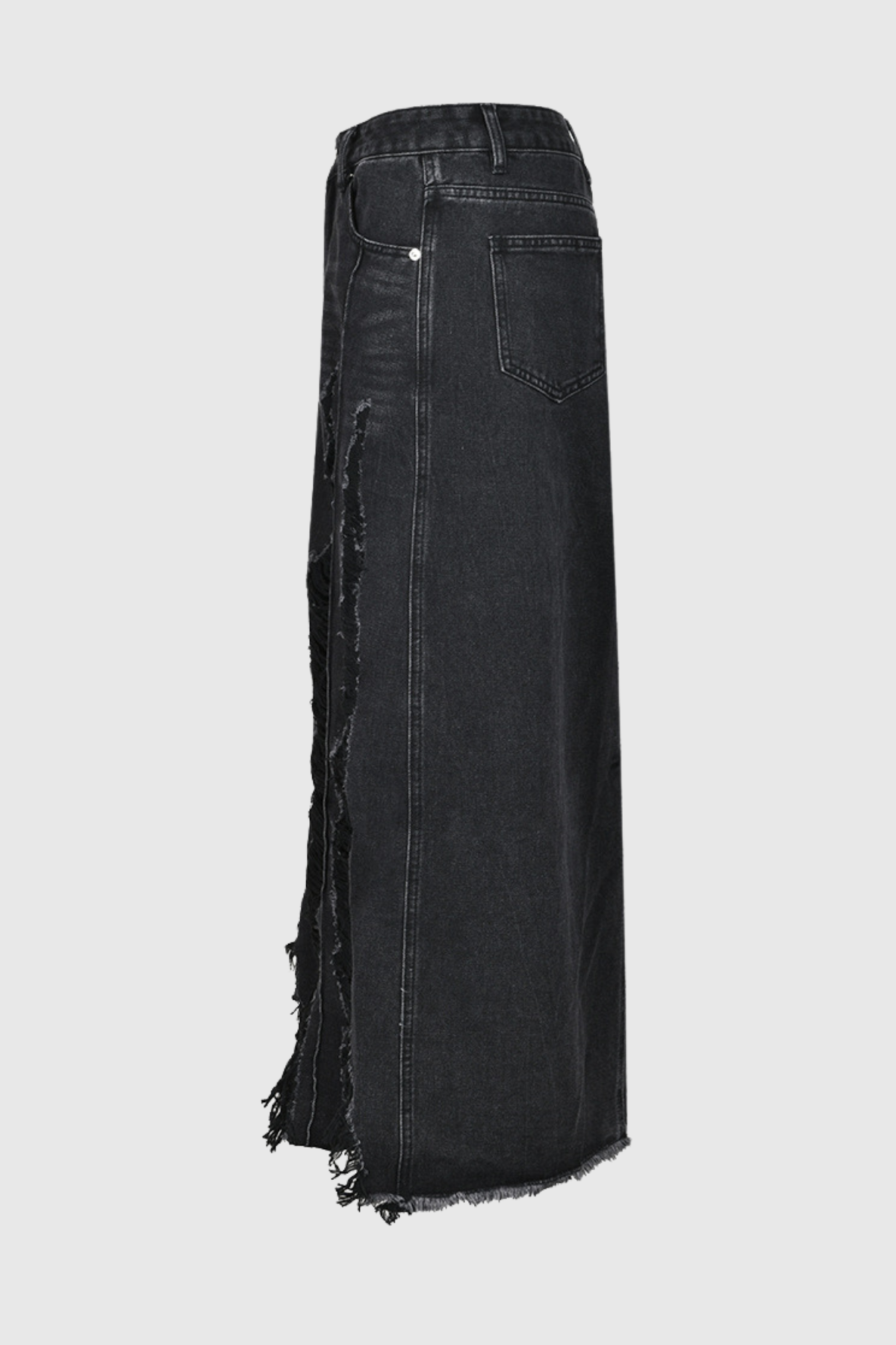 Melany Fringe High Split Denim Maxi Skirt