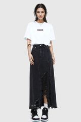 Melany Fringe High Split Denim Maxi Skirt