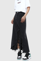 Melany Fringe High Split Denim Maxi Skirt