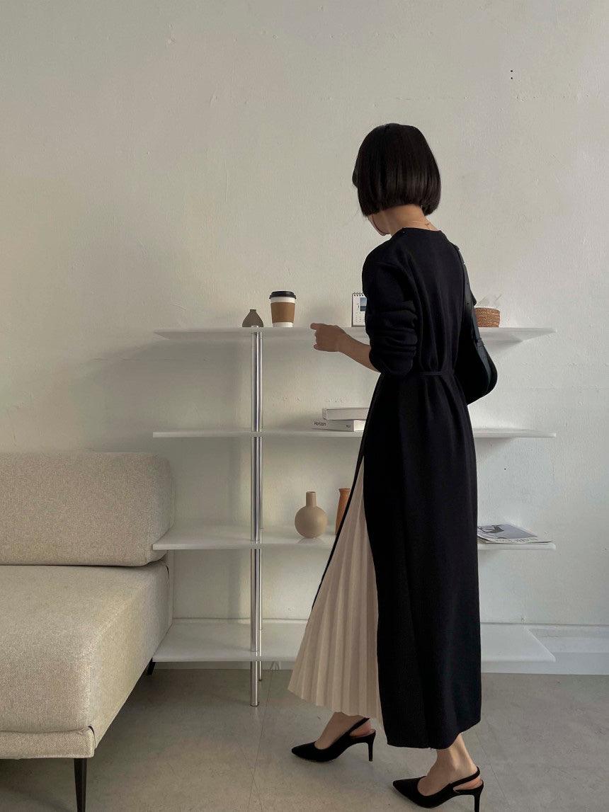 2024 New Fashion Elegant Elegant Crew Neck Panelled Pleated Knit Lace-Up Dress