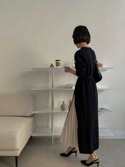 2024 New Fashion Elegant Elegant Crew Neck Panelled Pleated Knit Lace-Up Dress