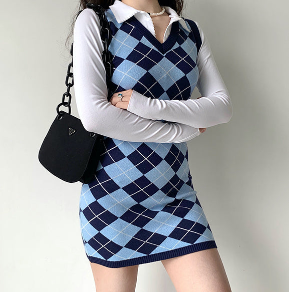 Ifomat College Diamond Vest Knit Dress